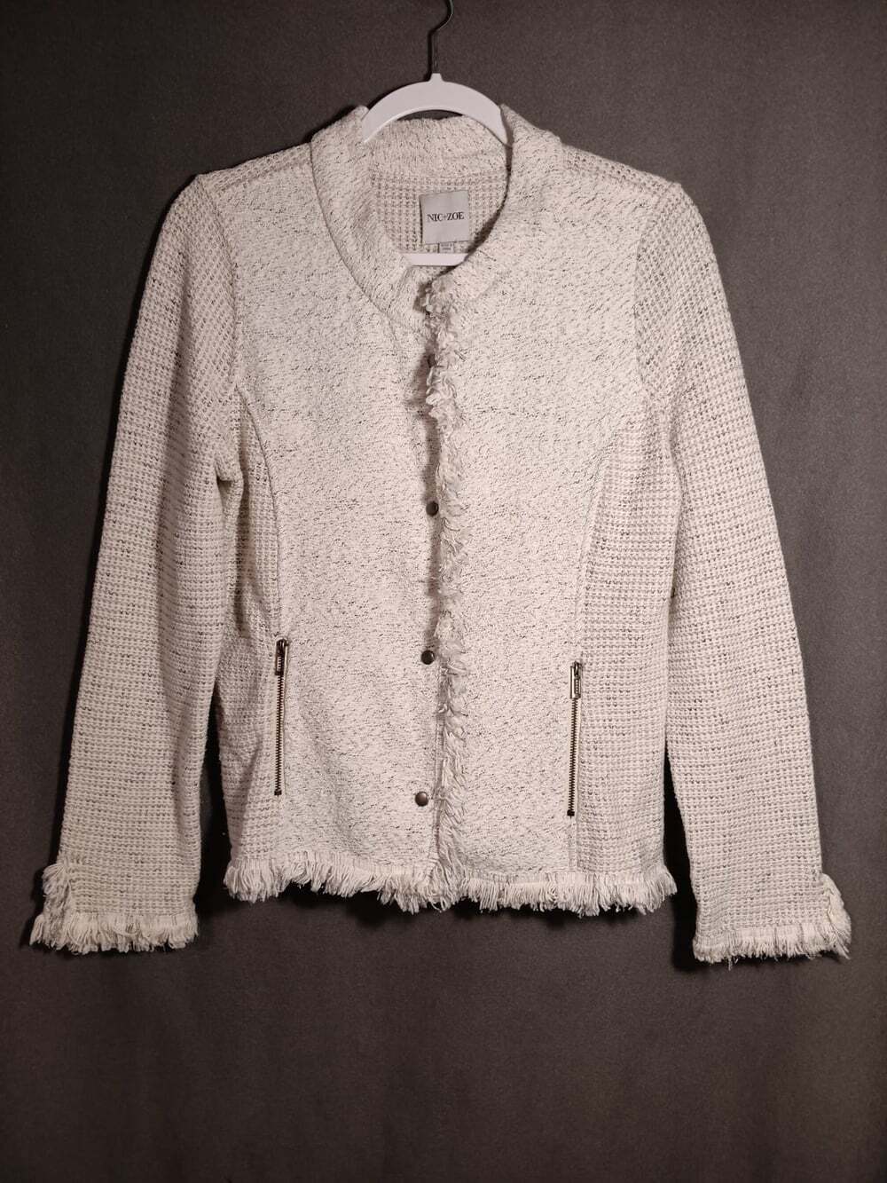 NIC + ZOE Women's Large Tan Fringe Trim Snap Front Jacket Boho Western Chic